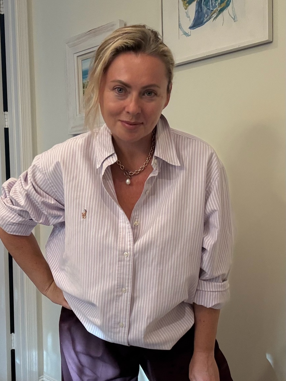 Vintage Ralph Lauren Lavender and White Striped Cotton Button-Up Shirt XL - Picture 3 of 9